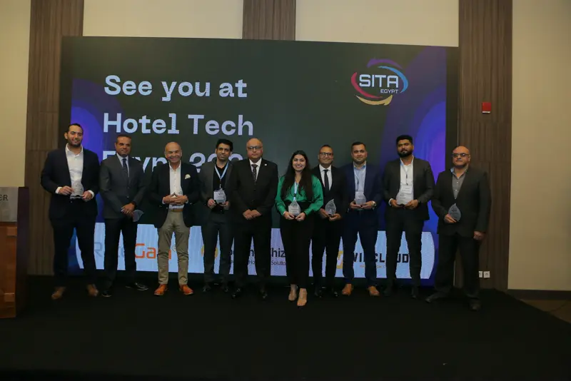 Speakers on stage at the closing of Hotel Tech 2023